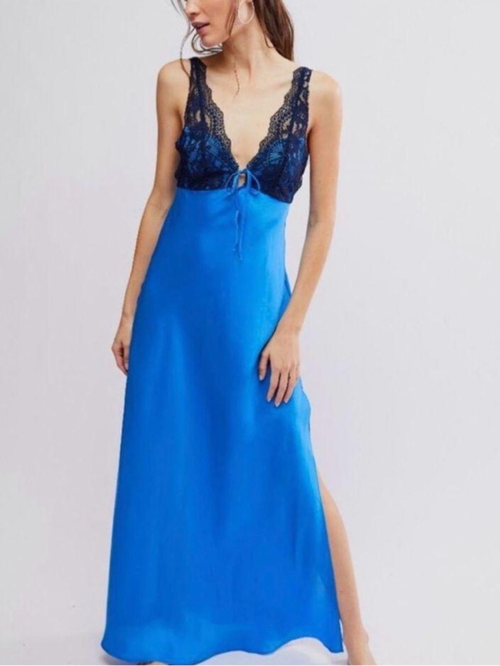 Free People Blue Satin Slip Dress with Navy Lace Bodice
